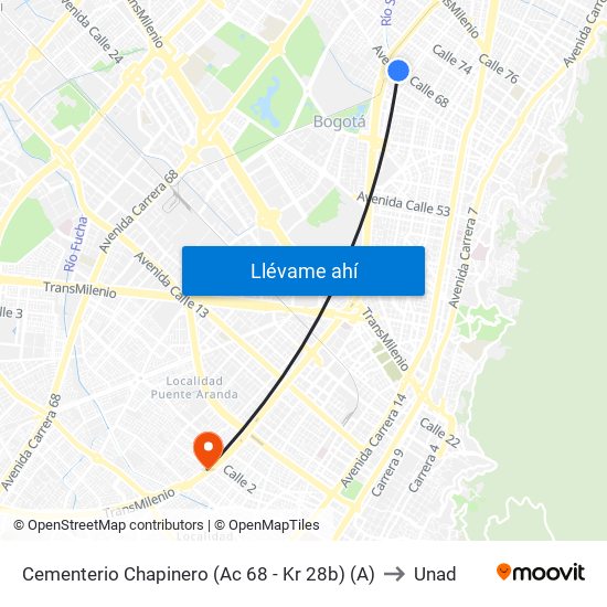 Cementerio Chapinero (Ac 68 - Kr 28b) (A) to Unad map