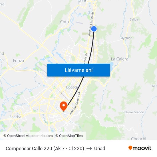 Compensar Calle 220 (Ak 7 - Cl 220) to Unad map