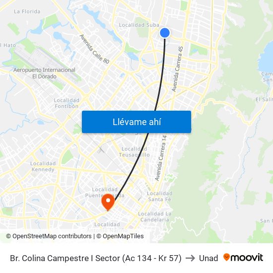 Br. Colina Campestre I Sector (Ac 134 - Kr 57) to Unad map