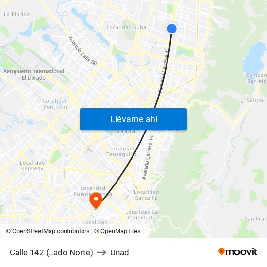 Calle 142 (Lado Norte) to Unad map