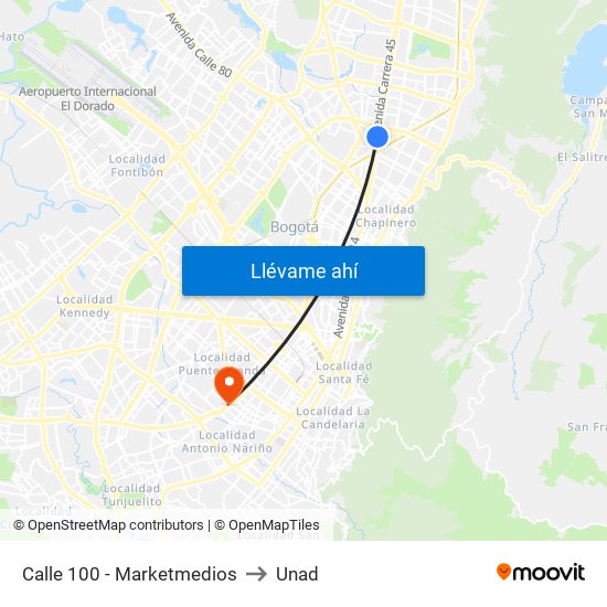 Calle 100 - Marketmedios to Unad map