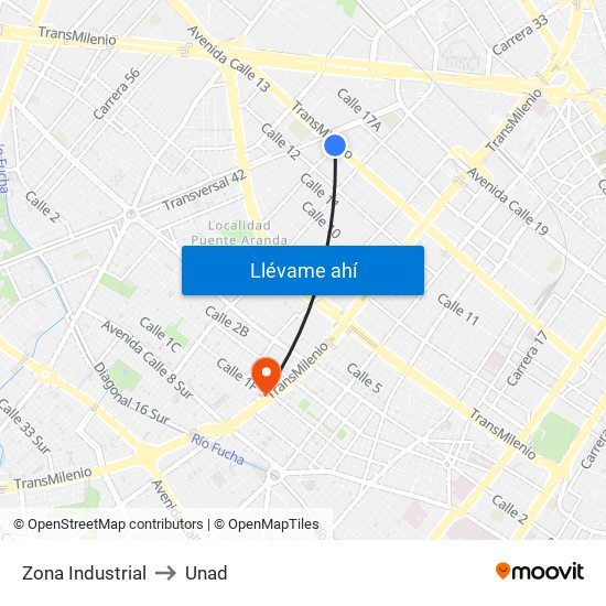 Zona Industrial to Unad map