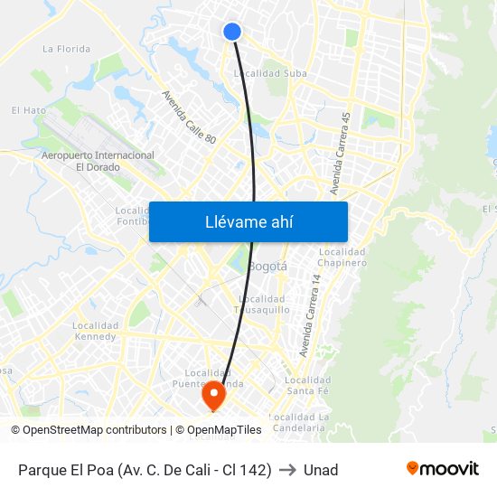 Parque El Poa (Av. C. De Cali - Cl 142) to Unad map