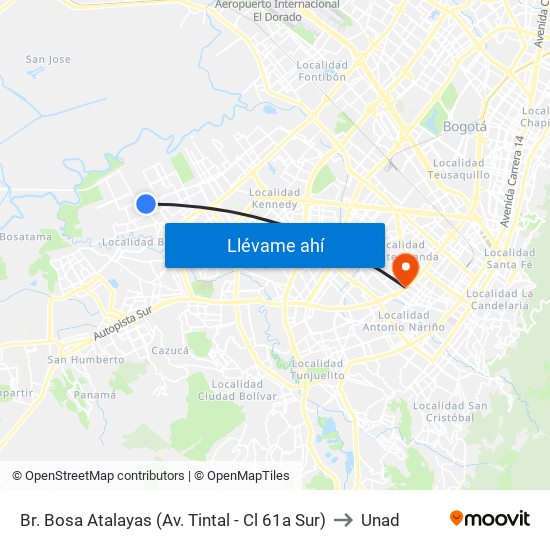 Br. Bosa Atalayas (Av. Tintal - Cl 61a Sur) to Unad map