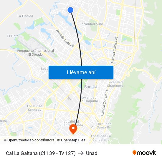 Cai La Gaitana (Cl 139 - Tv 127) to Unad map