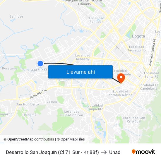 Desarrollo San Joaquín (Cl 71 Sur - Kr 88f) to Unad map