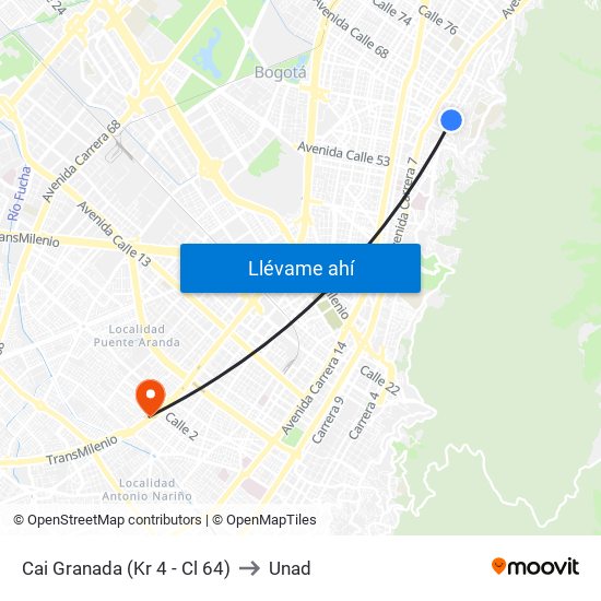 Cai Granada (Kr 4 - Cl 64) to Unad map