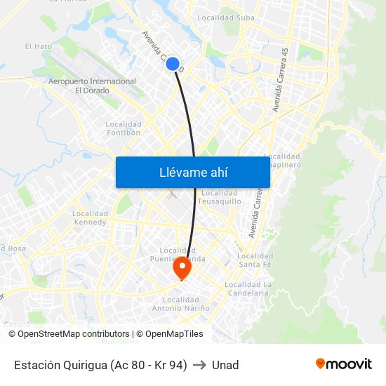 Estación Quirigua (Ac 80 - Kr 94) to Unad map