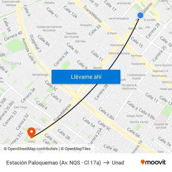 Estación Paloquemao (Av. NQS - Cl 17a) to Unad map