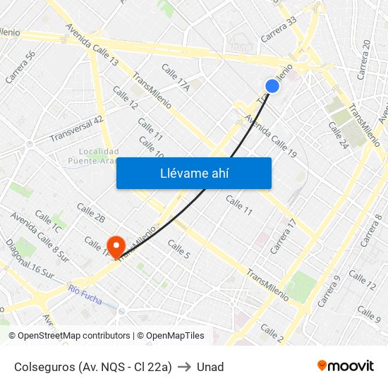 Colseguros (Av. NQS - Cl 22a) to Unad map