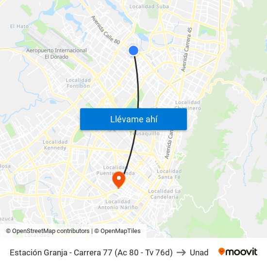 Estación Granja - Carrera 77 (Ac 80 - Tv 76d) to Unad map
