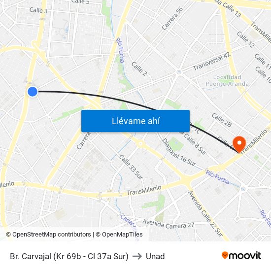 Br. Carvajal (Kr 69b - Cl 37a Sur) to Unad map