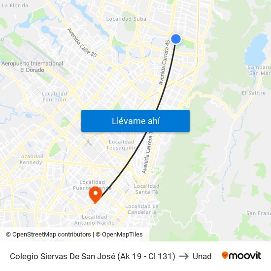 Colegio Siervas De San José (Ak 19 - Cl 131) to Unad map