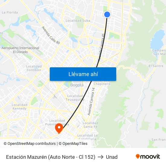 Estación Mazurén (Auto Norte - Cl 152) to Unad map