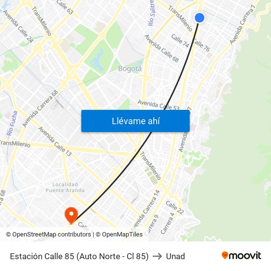Estación Calle 85 (Auto Norte - Cl 85) to Unad map
