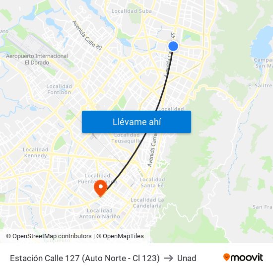 Estación Calle 127 (Auto Norte - Cl 123) to Unad map