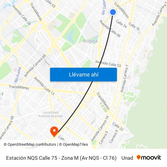 Estación NQS Calle 75 - Zona M (Av NQS - Cl 76) to Unad map