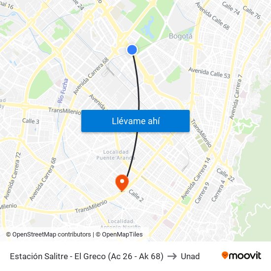 Estación Salitre - El Greco (Ac 26 - Ak 68) to Unad map