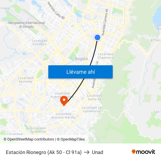 Estación Rionegro (Ak 50 - Cl 91a) to Unad map