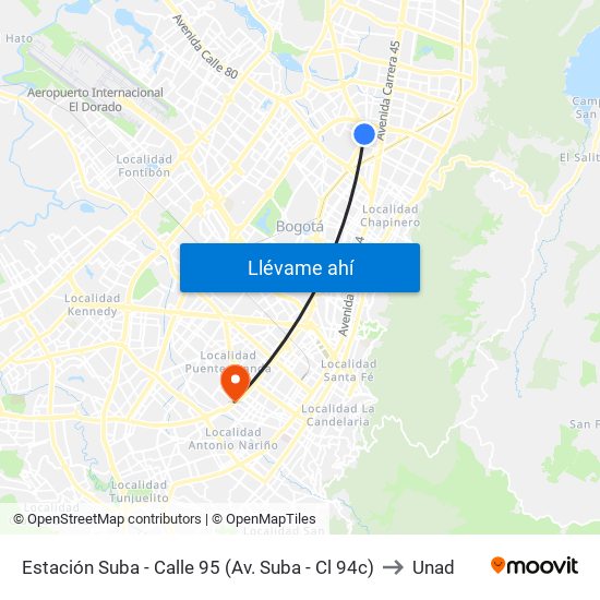 Estación Suba - Calle 95 (Av. Suba - Cl 94c) to Unad map