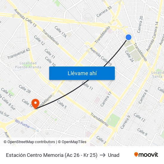 Estación Centro Memoria (Ac 26 - Kr 25) to Unad map