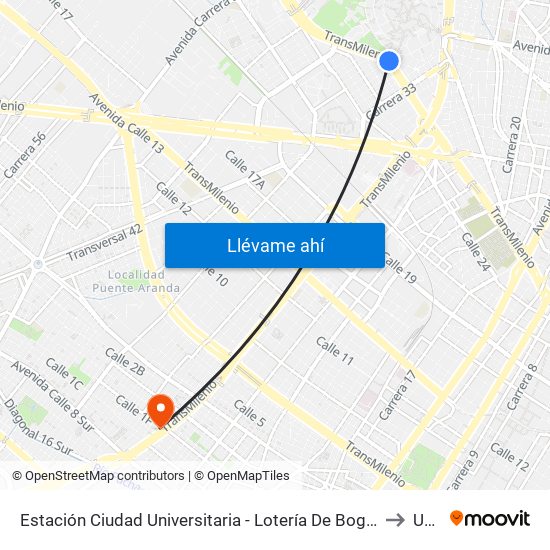 Estación Ciudad Universitaria - Lotería De Bogotá (Ac 26 - Kr 36) to Unad map