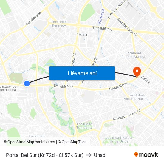 Portal Del Sur (Kr 72d - Cl 57k Sur) to Unad map