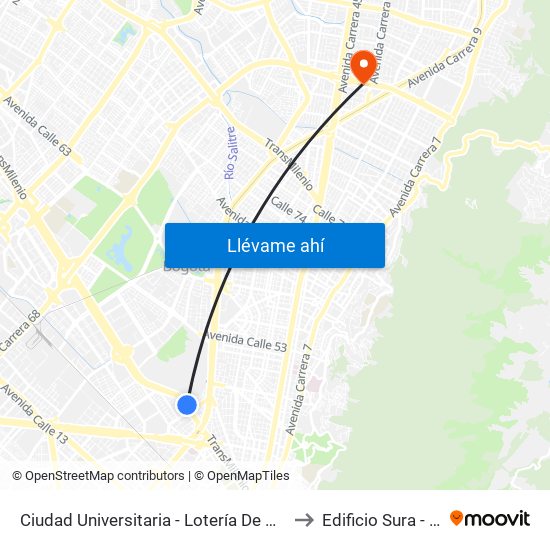Ciudad Universitaria - Lotería De Bogotá to Edificio Sura - Eps map