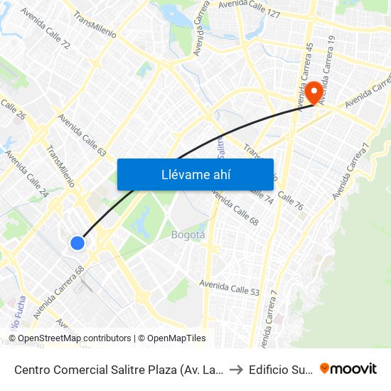 Centro Comercial Salitre Plaza (Av. La Esperanza - Kr 68b) to Edificio Sura - Eps map