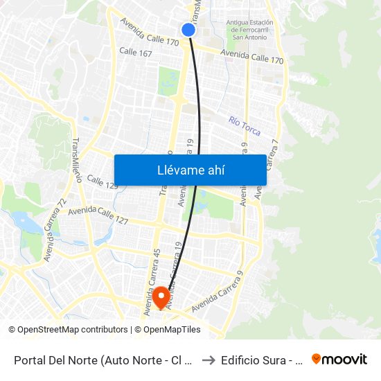 Portal Del Norte (Auto Norte - Cl 174a) to Edificio Sura - Eps map