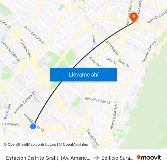 Estación Distrito Grafiti (Av. Américas - Kr 53a) to Edificio Sura - Eps map