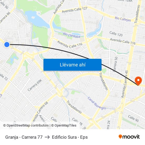 Granja - Carrera 77 to Edificio Sura - Eps map