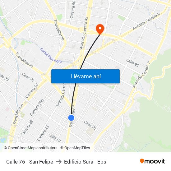 Calle 76 - San Felipe to Edificio Sura - Eps map