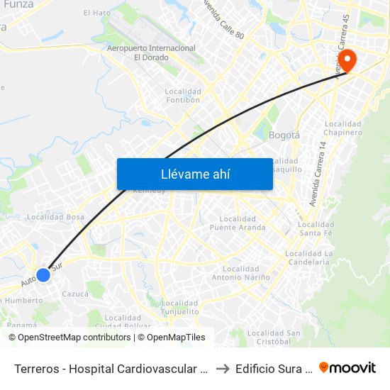 Terreros - Hospital Cardiovascular (Lado Sur) to Edificio Sura - Eps map