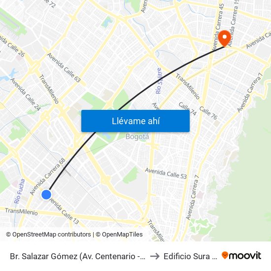 Br. Salazar Gómez (Av. Centenario - Kr 65) (A) to Edificio Sura - Eps map
