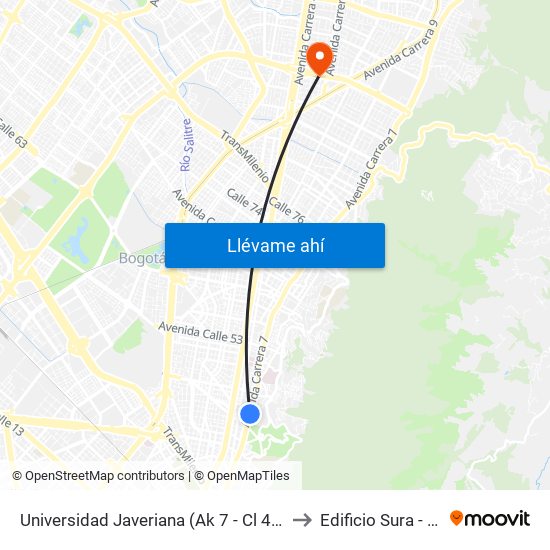 Universidad Javeriana (Ak 7 - Cl 40) (B) to Edificio Sura - Eps map