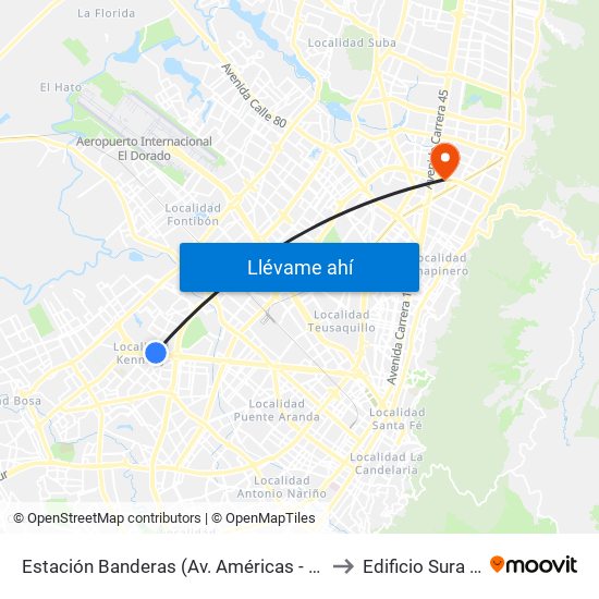 Estación Banderas (Av. Américas - Kr 78a) (A) to Edificio Sura - Eps map
