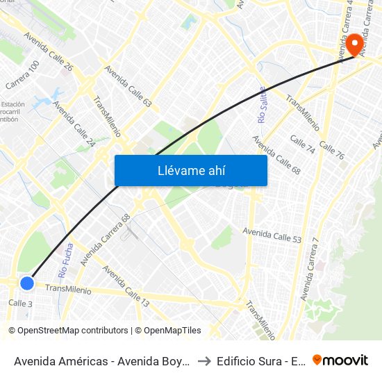 Avenida Américas - Avenida Boyacá to Edificio Sura - Eps map