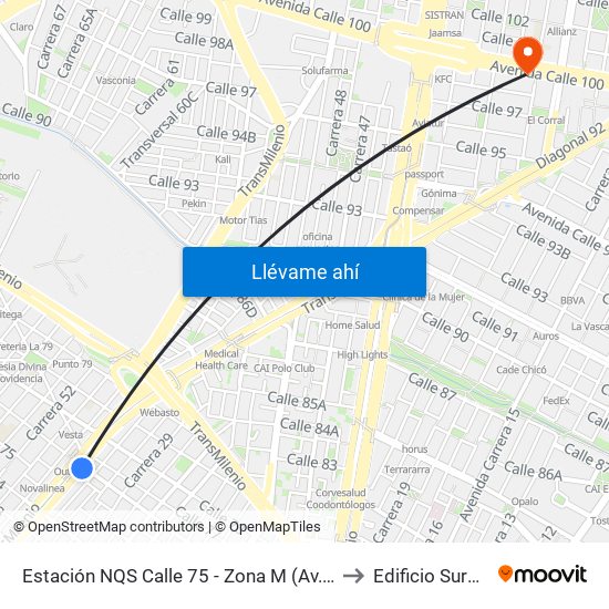 Estación NQS Calle 75 - Zona M (Av. NQS - Cl 75) to Edificio Sura - Eps map