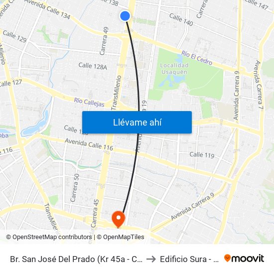 Br. San José Del Prado (Kr 45a - Cl 137) to Edificio Sura - Eps map