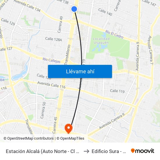 Estación Alcalá (Auto Norte - Cl 136) to Edificio Sura - Eps map