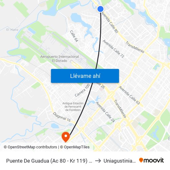 Puente De Guadua (Ac 80 - Kr 119) (A) to Uniagustiniana map