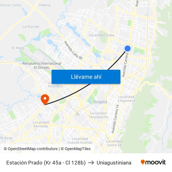 Estación Prado (Kr 45a - Cl 128b) to Uniagustiniana map