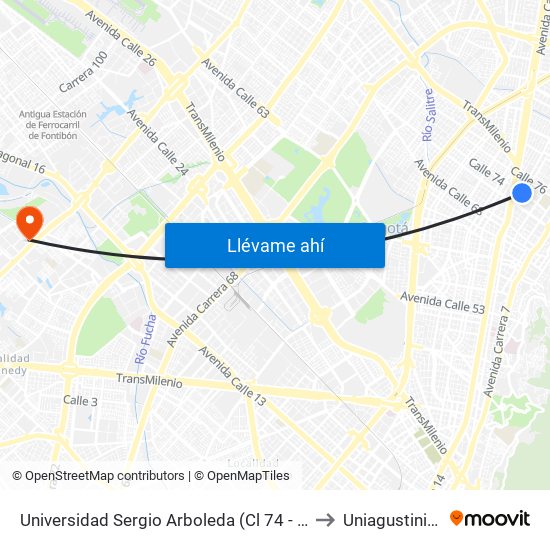 Universidad Sergio Arboleda (Cl 74 - Kr 13) to Uniagustiniana map