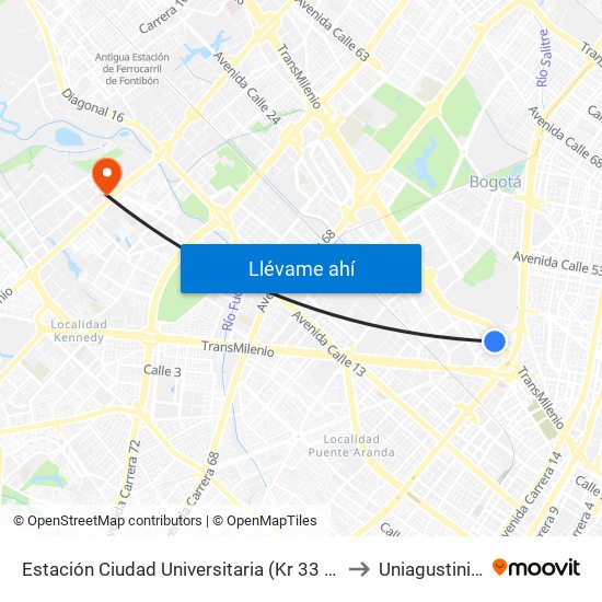 Estación Ciudad Universitaria (Kr 33 - Ac 26) to Uniagustiniana map