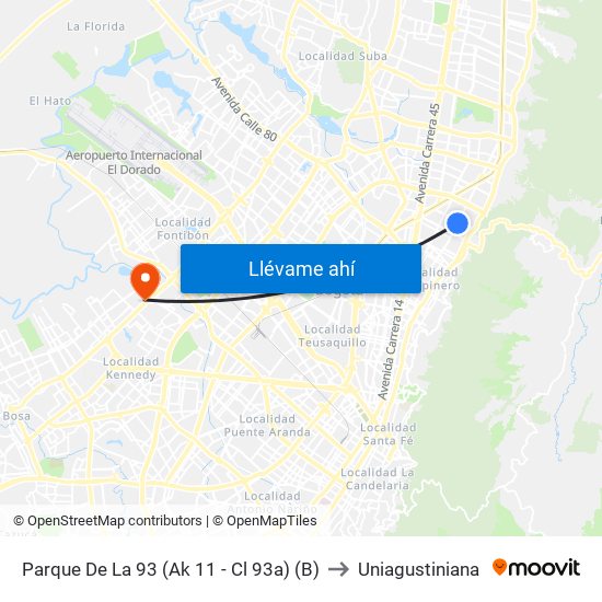 Parque De La 93 (Ak 11 - Cl 93a) (B) to Uniagustiniana map