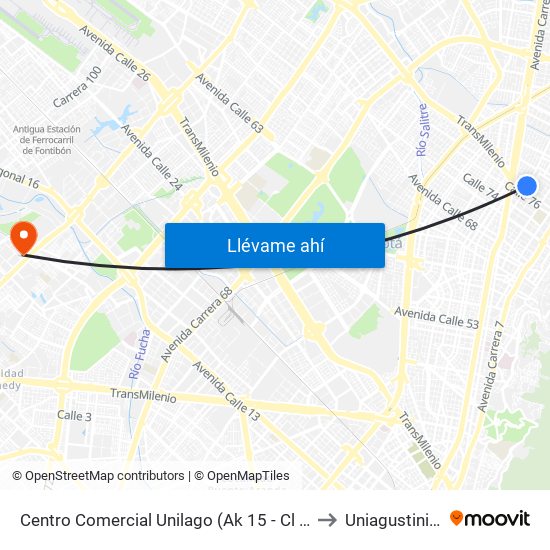 Centro Comercial Unilago (Ak 15 - Cl 77) (B) to Uniagustiniana map