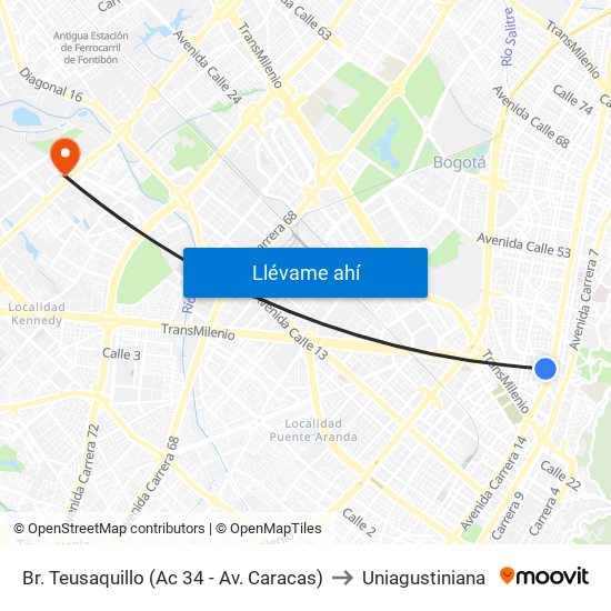 Br. Teusaquillo (Ac 34 - Av. Caracas) to Uniagustiniana map