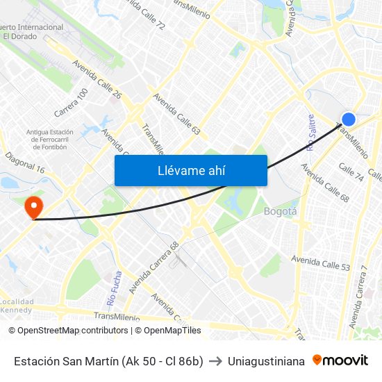 Estación San Martín (Ak 50 - Cl 86b) to Uniagustiniana map