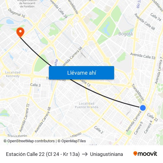 Estación Calle 22 (Cl 24 - Kr 13a) to Uniagustiniana map